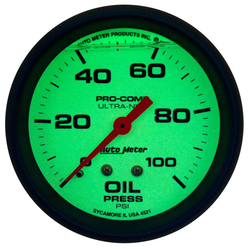 Autometer Ultra-Nite 2-5/8in 0-100 PSI Liquid Filled Mechanical Glow In Dark Oil Pressure Gauge