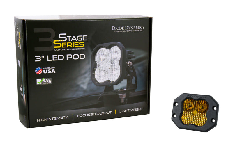 Diode Dynamics SS3 LED Pod Sport - Yellow SAE Fog Flush (Single)