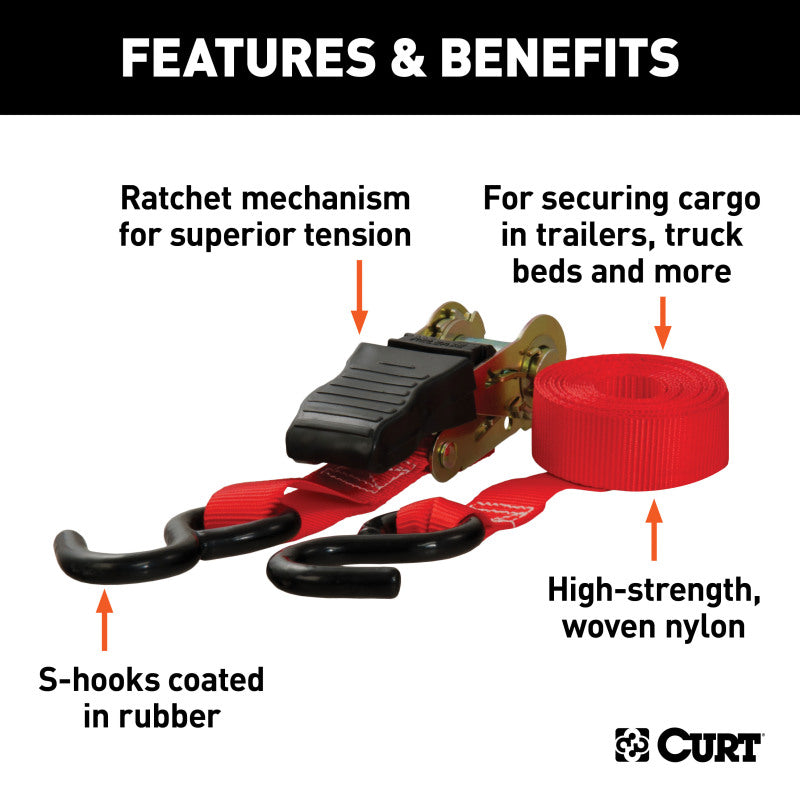 Curt 16ft Red Cargo Straps w/S-Hooks (500lbs 4-Pack)