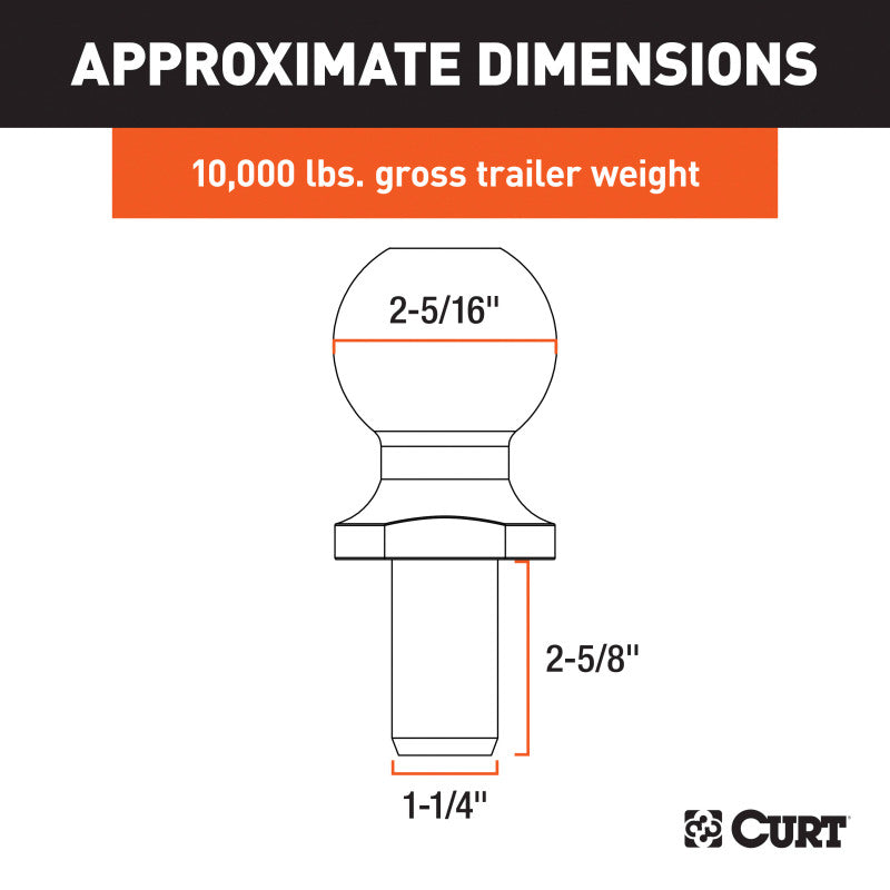 Curt 2-5/16in Trailer Ball (1-1/4in x 2-5/8in Shank 10000lbs Chrome)