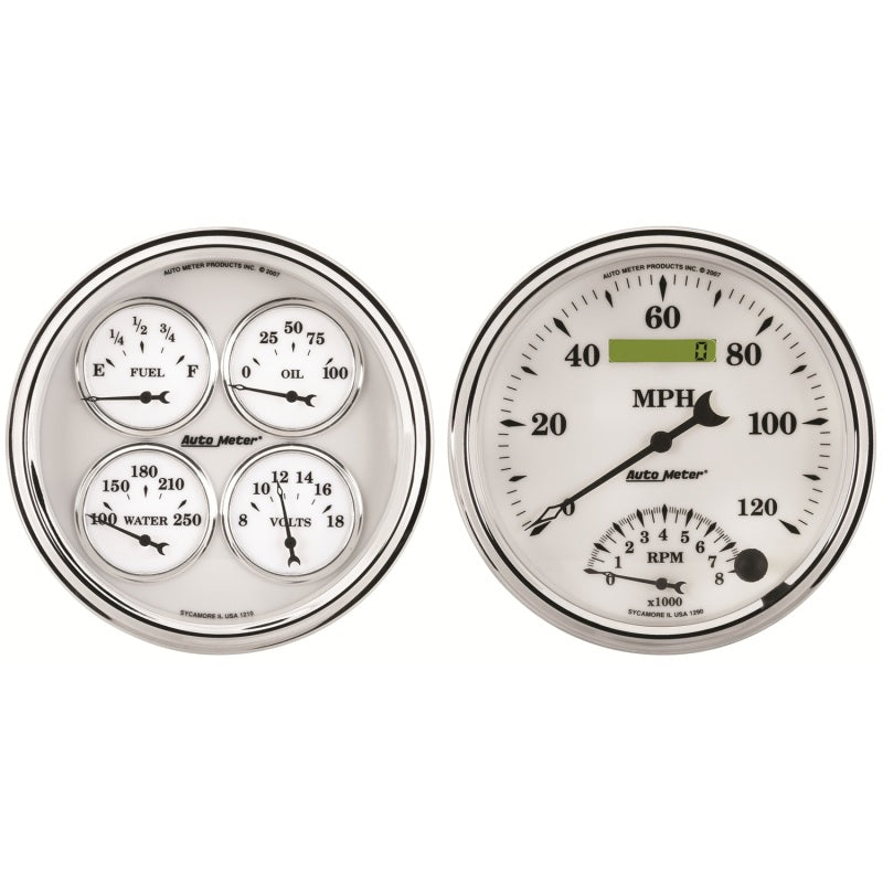 AutoMeter Gauge Kit 2 Pc. Quad & Tach/Speedo 5in. Old Tyme White II