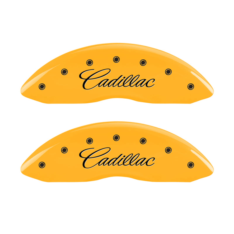 MGP 4 Caliper Covers Engraved Front Cursive/Cadillac Engraved Rear CTS4 Yellow finish black ch