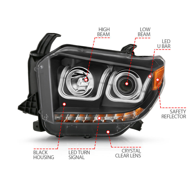 ANZO 2014-2015 Toyota Tundra Projector Headlights w/ U-Bar Black w/ DRL