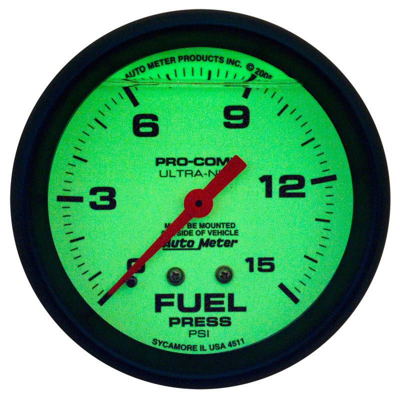 Autometer Ultra-Nite 2-5/8in 15psi Mechanical Glow In The Dark Fuel Pressure Gauge