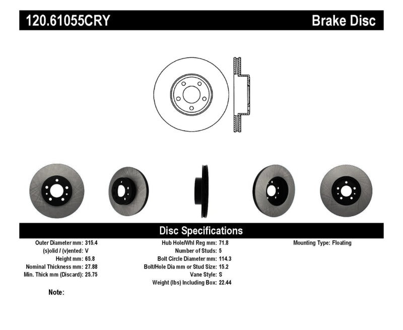 Stoptech 98-02 Ford Crown Victoria Front Premium High-Carbon CRYO-STOP Rotor