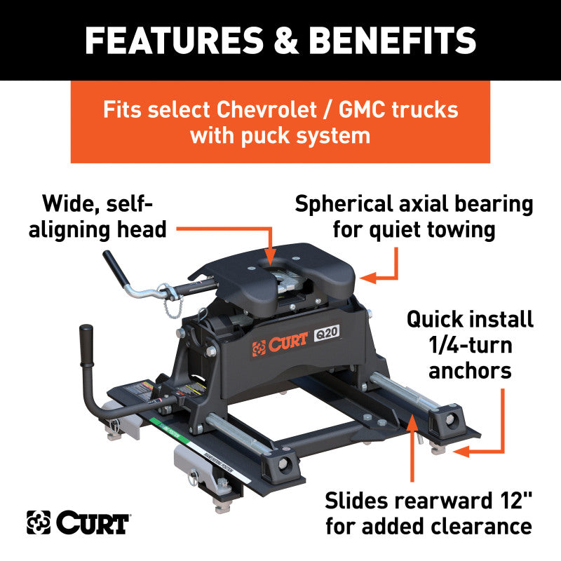 Curt Q20 5th Wheel Hitch w/Roller and GM Puck System Adapter