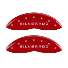 Load image into Gallery viewer, MGP Front set 2 Caliper Covers Engraved Front Silverado Red finish silver ch