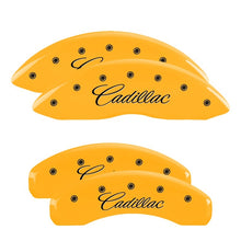 Load image into Gallery viewer, MGP 4 Caliper Covers Engraved Front &amp; Rear Cursive/Cadillac Yellow finish black ch