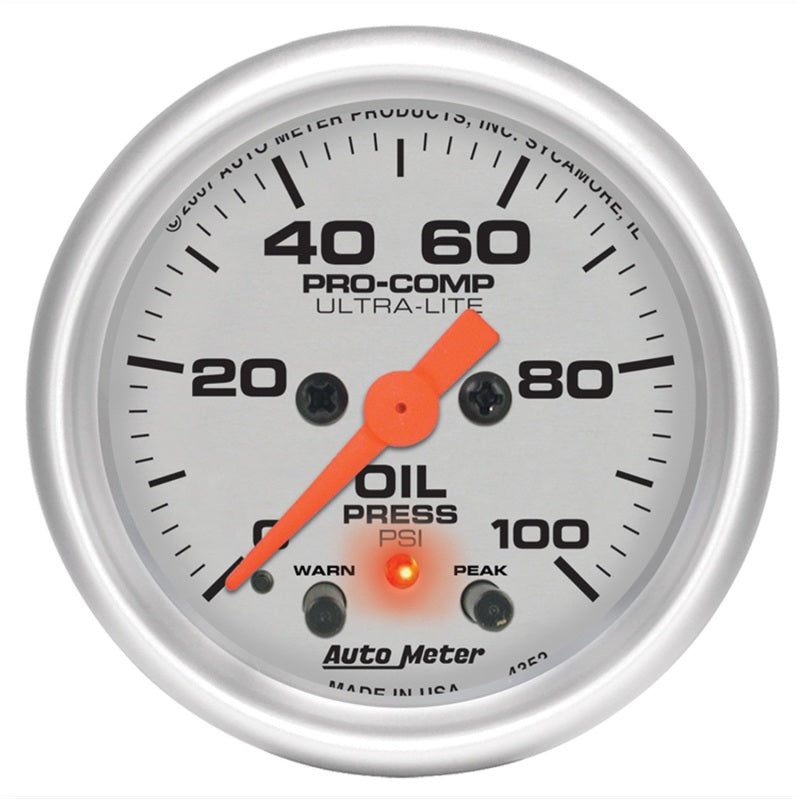 Autometer Ultra-Lite 52mm 0-100 PSI F/S Electronic Oil Pressure w/ Peak Memory & Warning Gauge