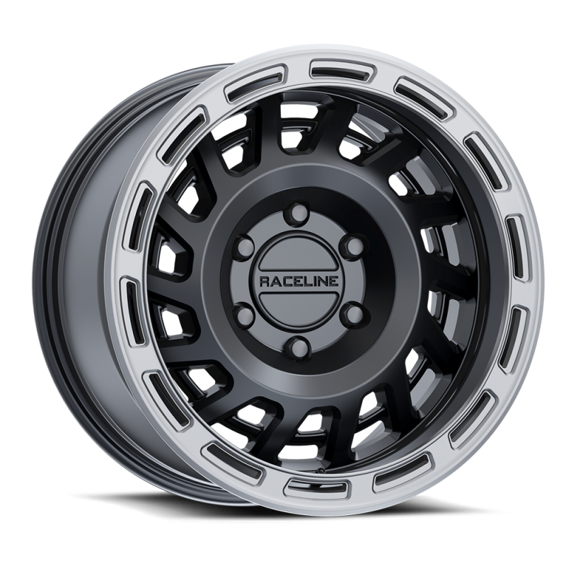 Raceline 957BS Halo 17x9in / 5x127 BP / -12mm Offset / 78.1mm Bore - Black & Silver Lip Wheel