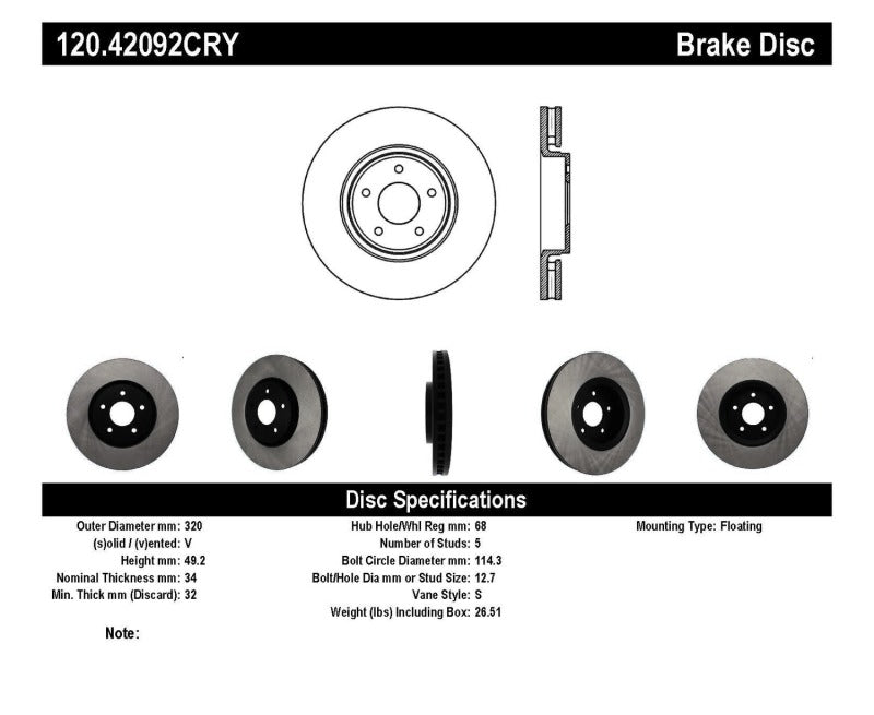 Stoptech Premium Cryo Front Brake Rotor 06-12 Infinity FX35