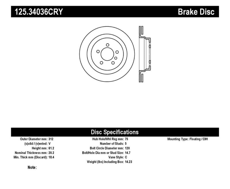 Stoptech 95-99 BMW M3 / 98-02 Z3 Left Rear Premium High Carbon CRYO STOP Rotor