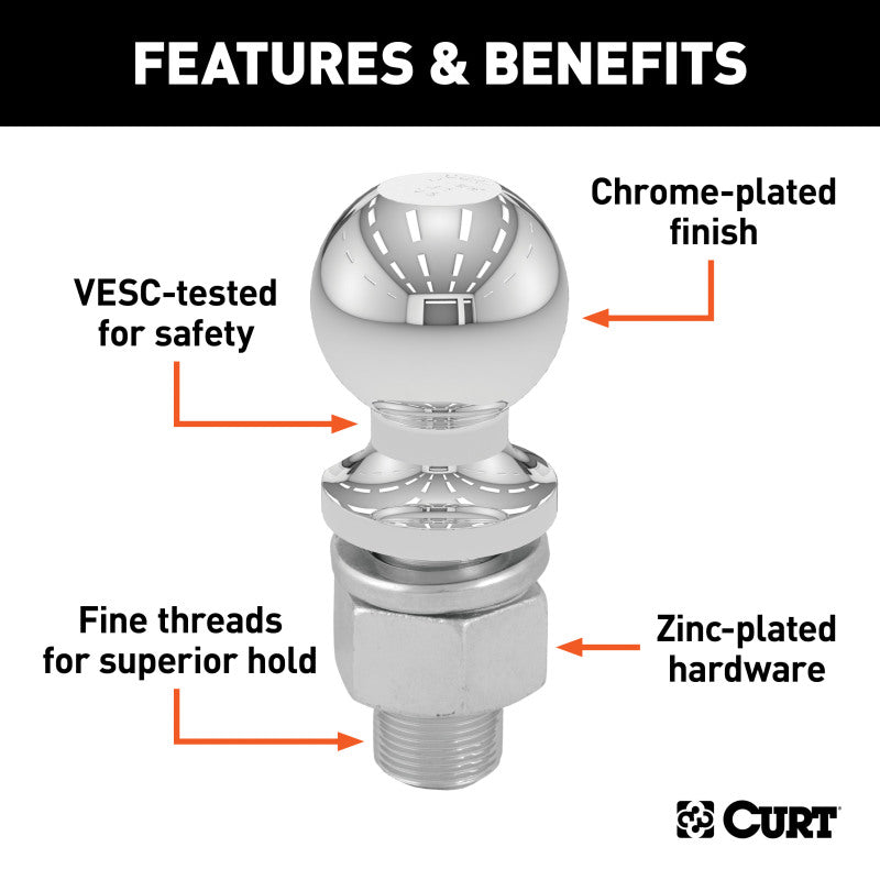 Curt 1-7/8in Trailer Ball (3/4in x 3in Shank 2000lbs Chrome Packaged)