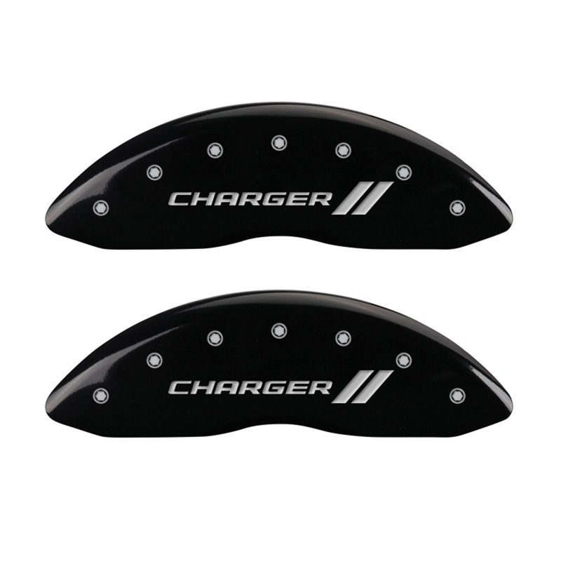 MGP 4 Caliper Covers Engraved Front & Rear With stripes/Charger Black finish silver ch