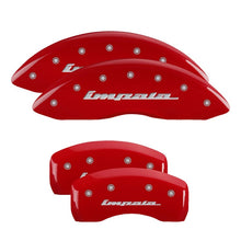 Load image into Gallery viewer, MGP 4 Caliper Covers Engraved Front &amp; Rear Impala Red finish silver ch