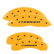 Load image into Gallery viewer, MGP 4 Caliper Covers Engraved Front &amp; Rear With stripes/Challenger Yellow finish black ch