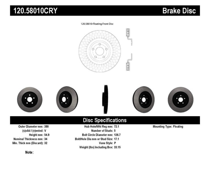 Centric 12-19 Jeep Grand Cherokee Premium Front CryoStop Brake Rotor