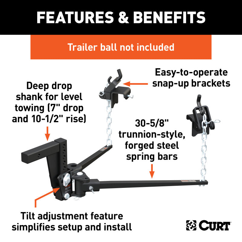 Curt Deep Drop Trunnion Bar Weight Distribution Hitch (8,000 - 10,000 LBS, 30-5/8in Bars)