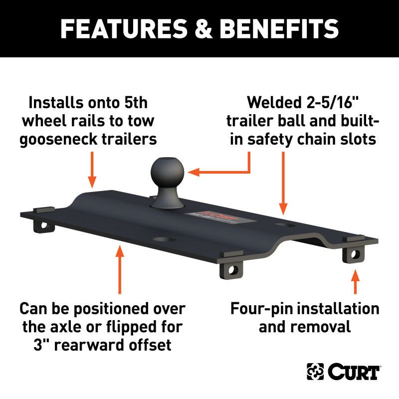 Curt Bent Plate 5th Wheel Rail Gooseneck Hitch w/Ball Offset 3in