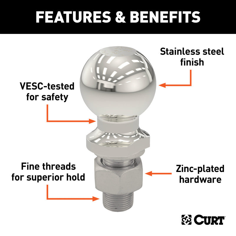 Curt 2in Trailer Ball (1in x 2-1/8in Shank 6000lbs Stainless Packaged)