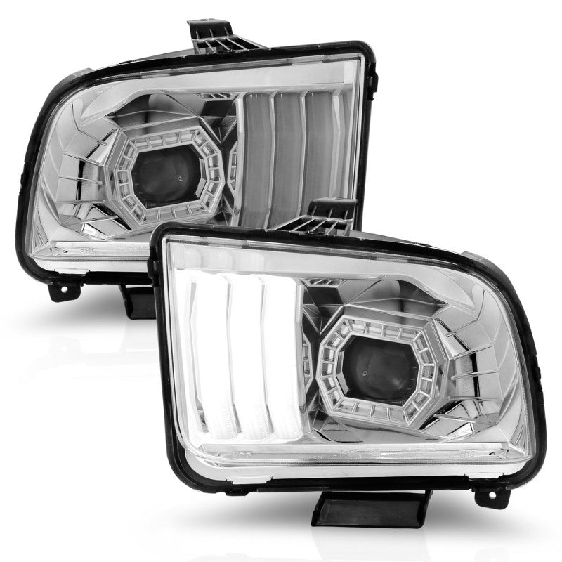 ANZO 05-09 Ford Mustang (w/Factory Halogen HL Only) Projector Headlights w/Light Bar Chrome Housing
