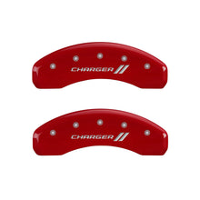 Load image into Gallery viewer, MGP 4 Caliper Covers Engraved Front &amp; Rear With stripes/Charger Red finish silver ch