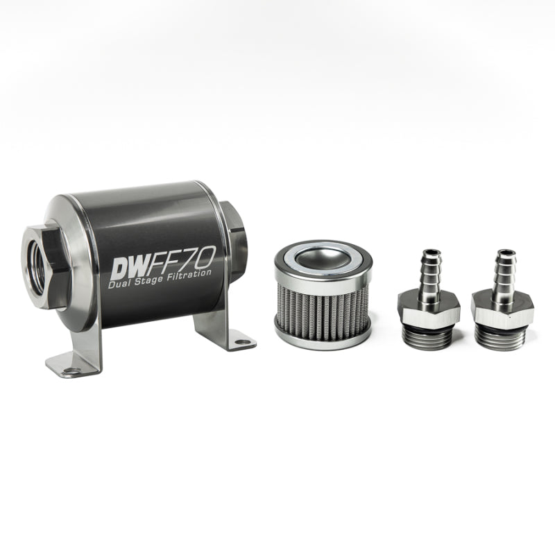 DeatschWerks Stainless Steel 5/16in 100 Micron Universal Inline Fuel Filter Housing Kit (70mm) - GTR Auto