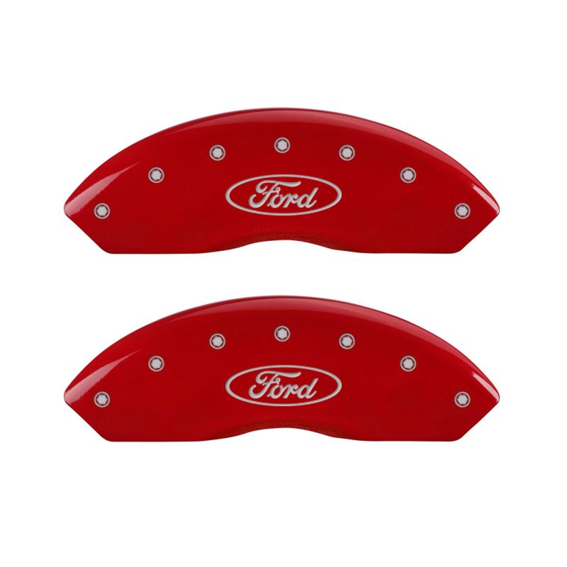 MGP 4 Caliper Covers Engraved Front & Rear Oval Logo/Ford Red Finish Silver Char 2018 Ford Fusion