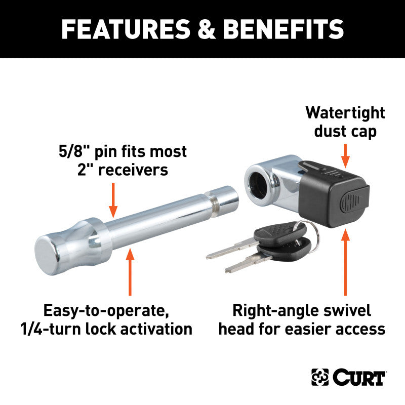 Curt 5/8in Hitch Lock (2in Receiver Right-Angle Chrome)