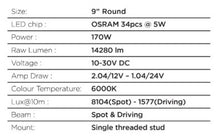 Load image into Gallery viewer, Go Rhino Xplor Blackout Series Round LED Driving Light w/DRL (Surface/Threaded Stud Mnt) 7in. - Blk