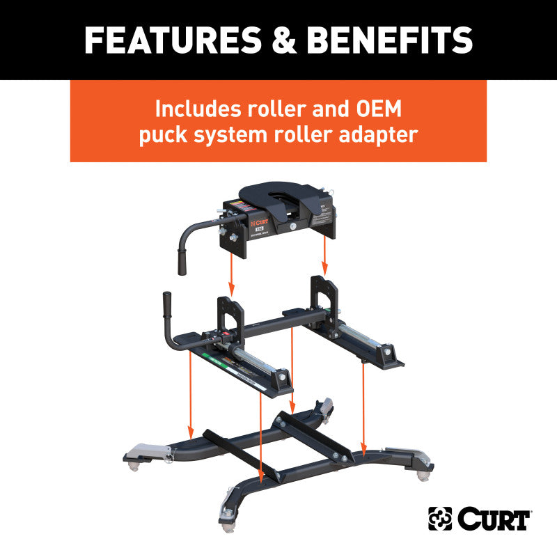 Curt E16 5th Wheel Hitch w/Roller and Ram Puck System Adapter