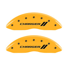 Load image into Gallery viewer, MGP 4 Caliper Covers Engraved Front &amp; Rear With stripes/Charger Yellow finish black ch