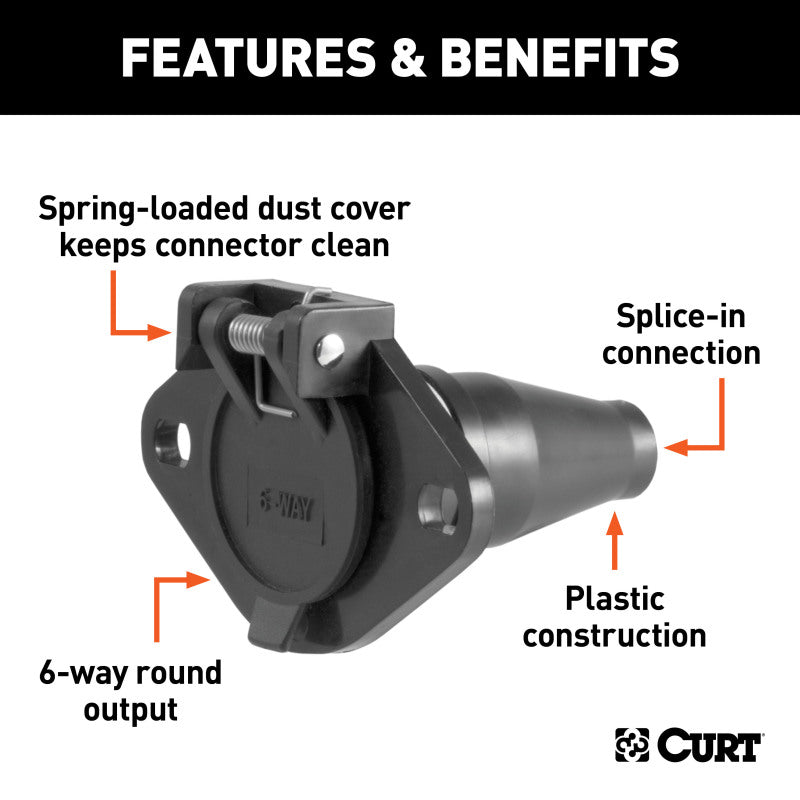 Curt 6-Way Round Connector Socket (Vehicle Side Black Plastic)