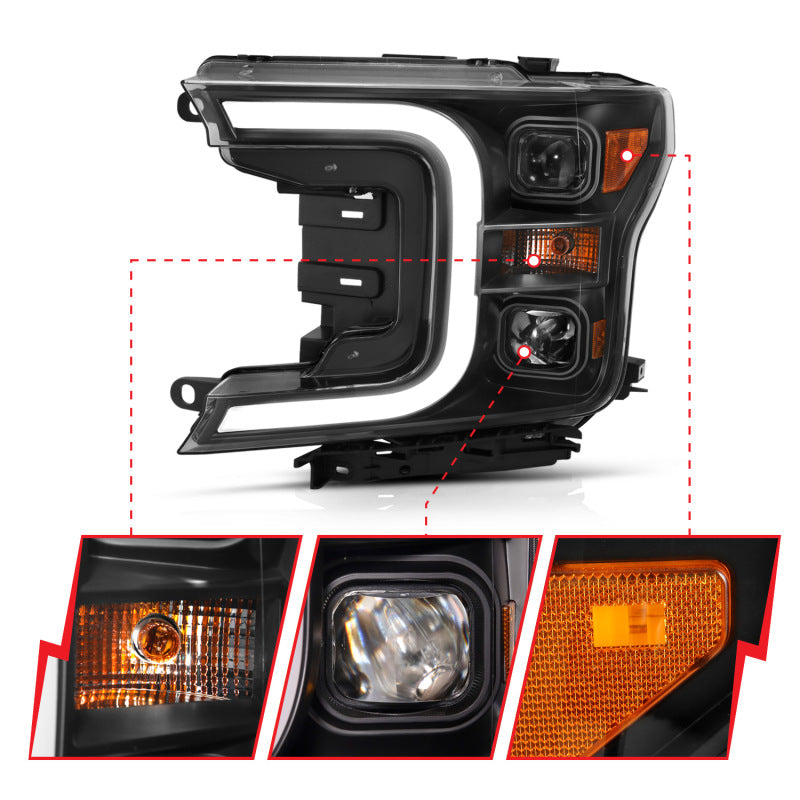 ANZO 18-19 Ford F-150 Projector Headlights w/Plank Style Switchback Black w/Amber