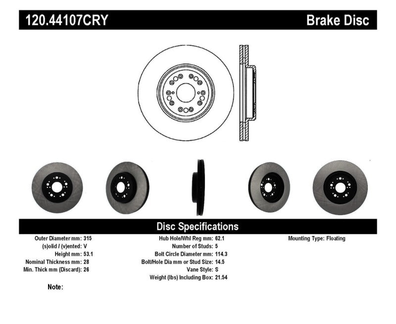 Stoptech 95-00 Lexus LS Front Premium Cryostop Brake Rotor