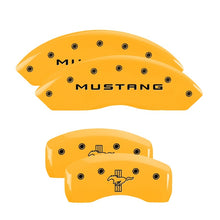 Load image into Gallery viewer, MGP 4 Caliper Covers Engraved Front Mustang Rear Bar &amp; Pony Yellow Finish Blk Char 2004 Ford Mustang