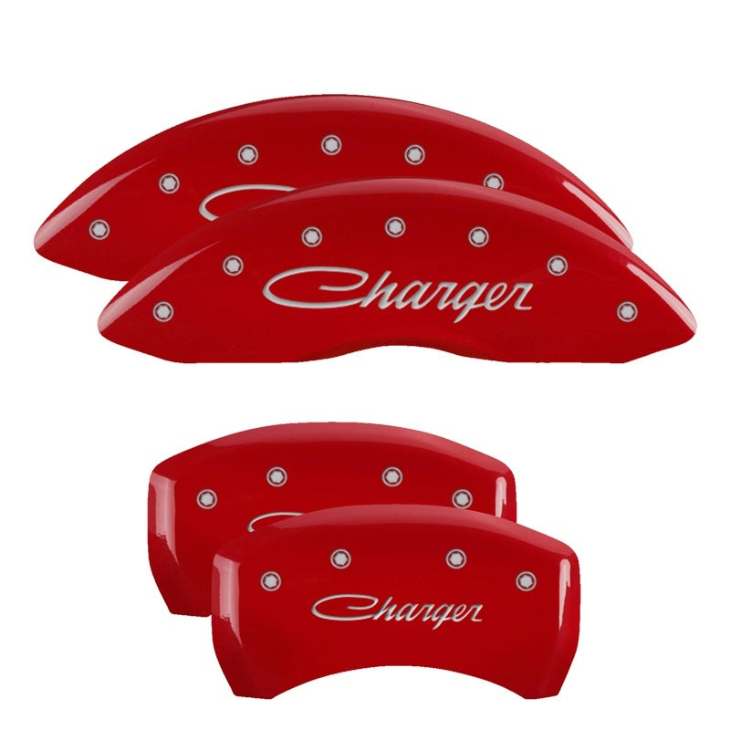 MGP 4 Caliper Covers Engraved Front Cursive/Challenger Engraved Rear RT Red finish silver ch