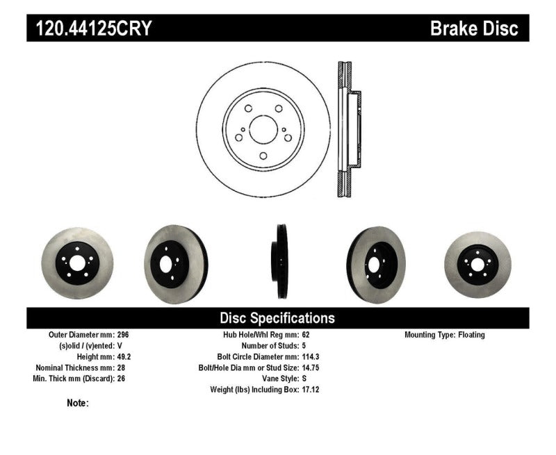 Stoptech 06-15 Lexus IS250 / 02-06 Toyota Camry / 04-10 Toyota Sienna Front Cryo Brake Rotor