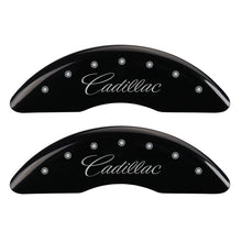 Load image into Gallery viewer, MGP 4 Caliper Covers Engraved Front Cursive/Cadillac Engraved Rear CTS Black finish silver ch