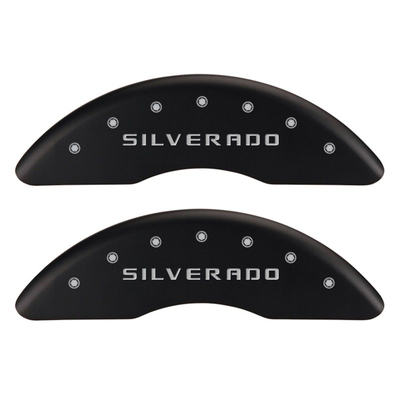 MGP 4 Caliper Covers Engraved Front & Rear Silverado Red finish silver ch