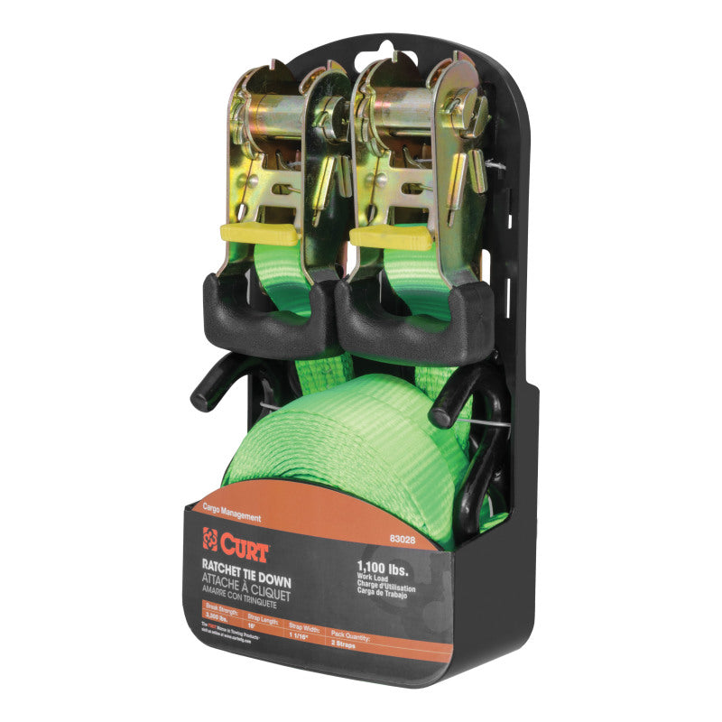 Curt 16ft Lime Green Cargo Straps w/S-Hooks (1100lbs 2-Pack)