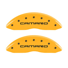 Load image into Gallery viewer, MGP 4 Caliper Covers Engraved Front Camaro Rear Z28 Yellow Finish Black Char 2000 Chevy Camaro