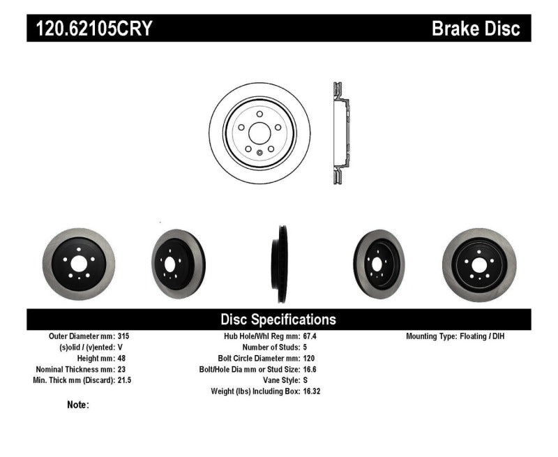 Stoptech 08-19 Cadillac CTS Rear Premium Cryostop Brake Rotor