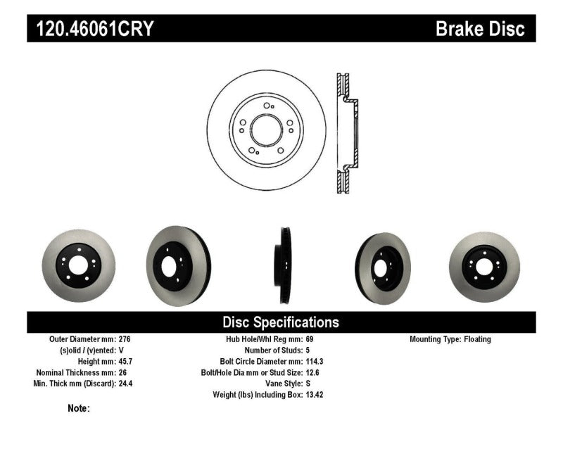 Stoptech 04-06 Lancer / 01-05 Sebring/Stratus Front CRYO-STOP Rotor