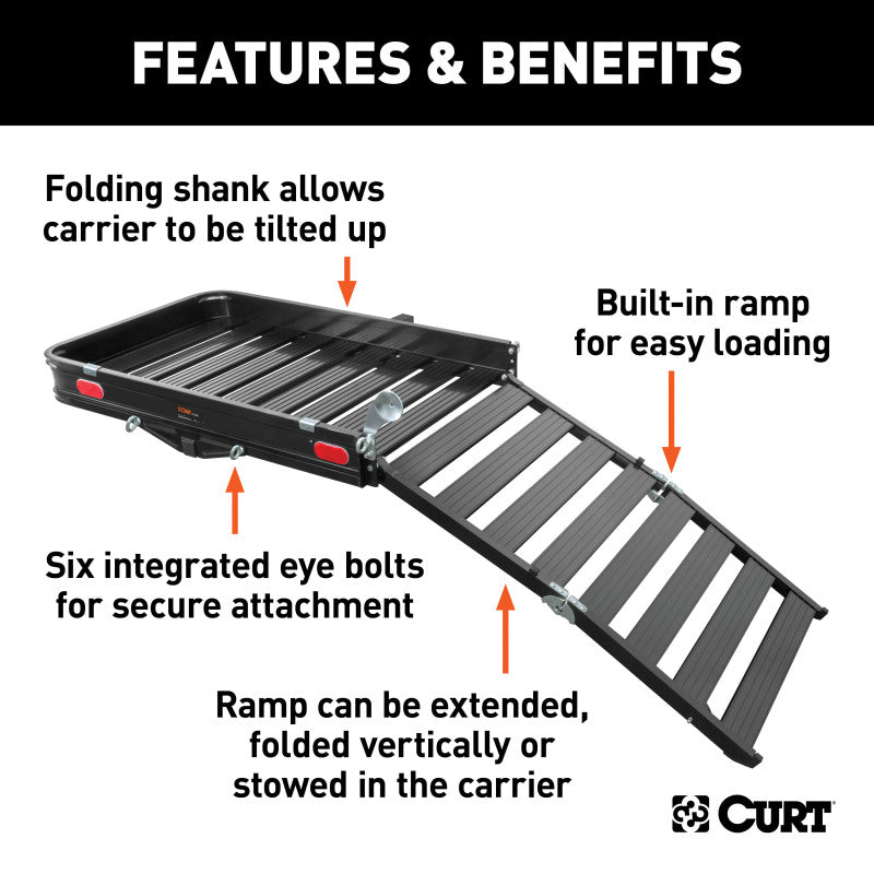 Curt 50in x 30-1/2in Aluminum Hitch Cargo Carrier w/Ramp