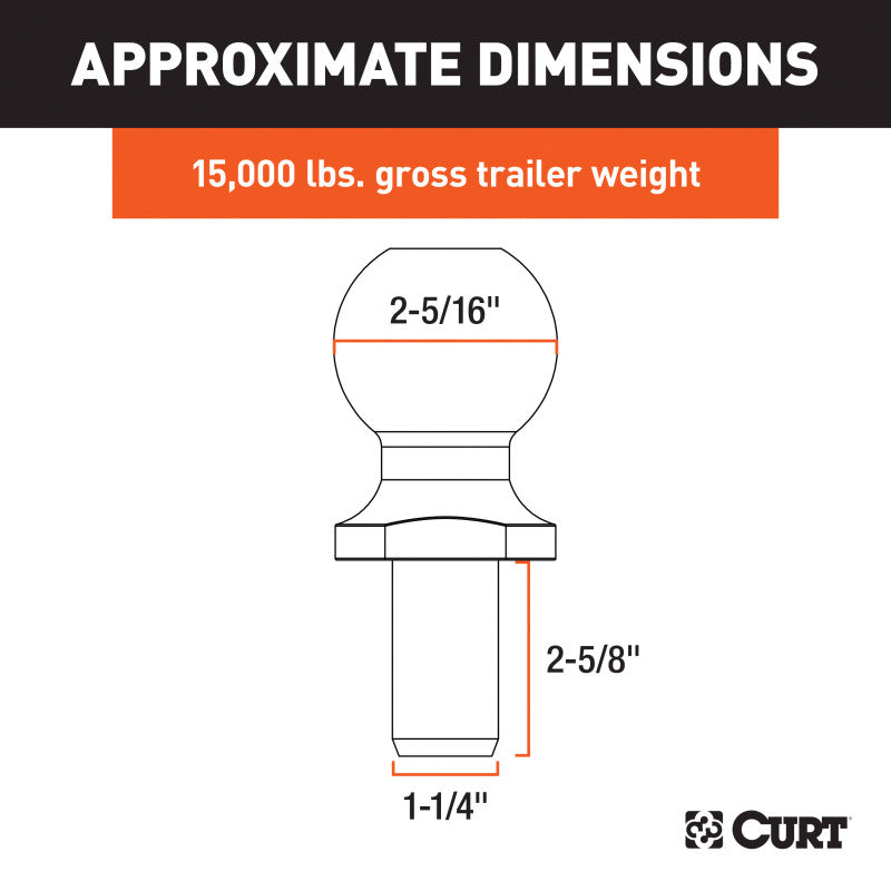 Curt 2-5/16in Trailer Ball (1-1/4in x 2-5/8in Shank 15000lbs Chrome)