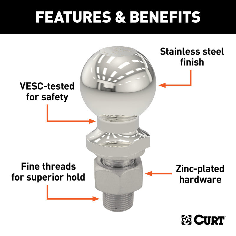 Curt 2-5/16in Trailer Ball (1-1/4in x 2-5/8in Shank 2000lbs Stainless)