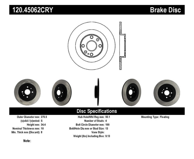 StopTech 01-05 Mazda Miata MX-5 (Sport/Hard Suspension) Rear Premium Brake CryoStop Rotor