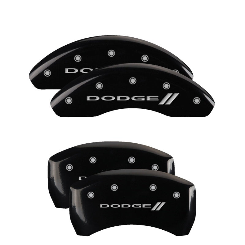 MGP 4 Caliper Covers Engraved Front & Rear With stripes/Dodge Black finish silver ch