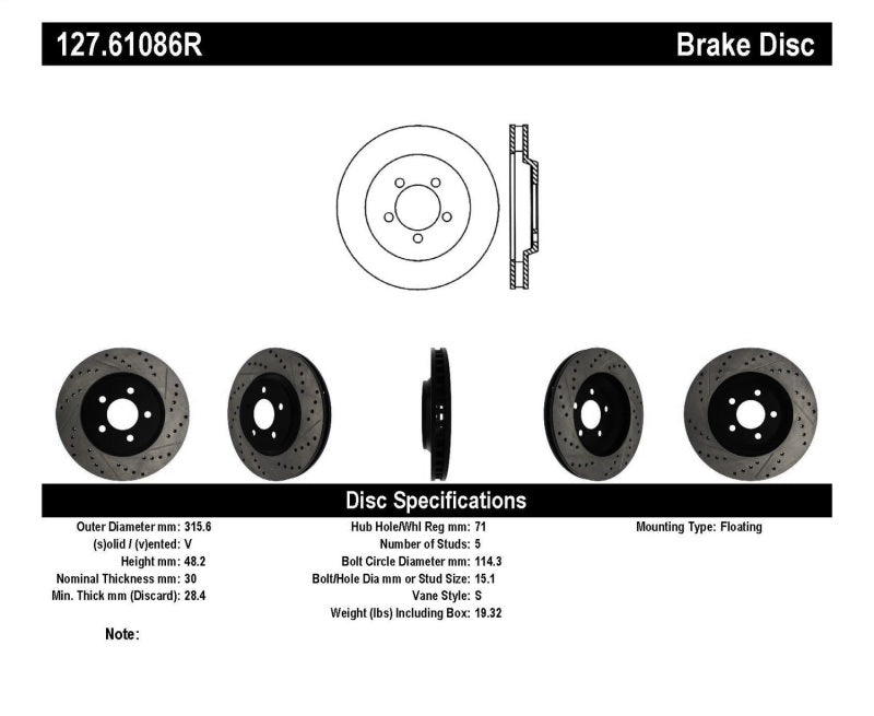 StopTech 05-10 Ford Mustang GT Front Right Slotted & Drilled Rotor